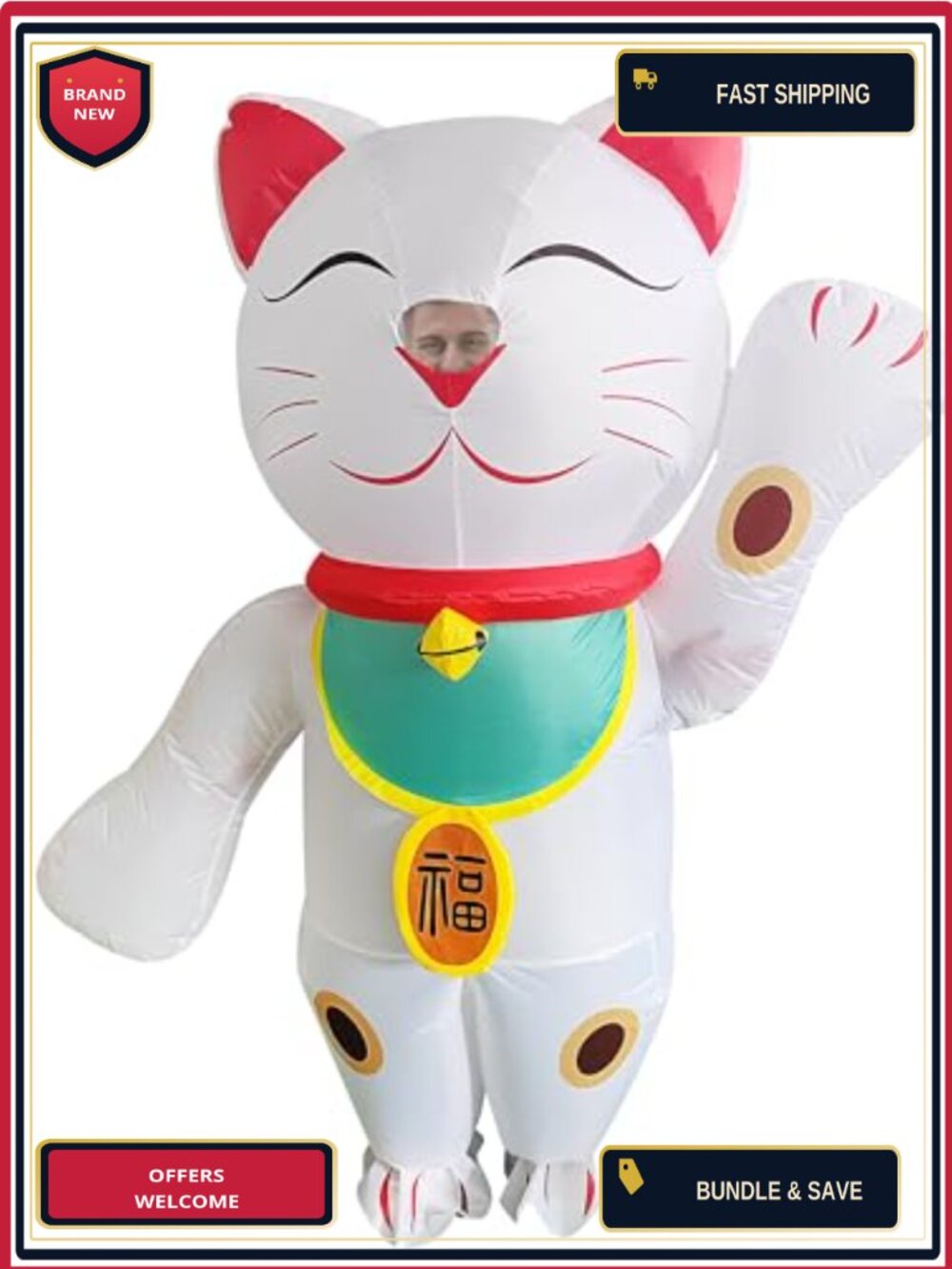 Adult Inflatable Lucky Cat Costume Blow Up Full Body Maneki-neko Party Outfit